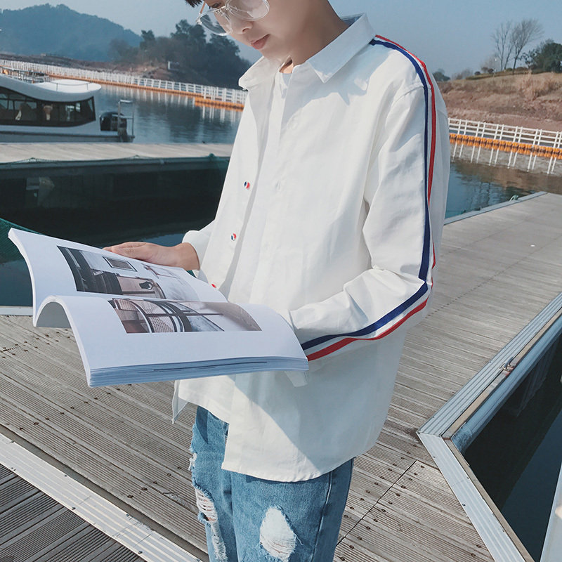 

2021 New Summer Men's Leisure Male White Shirt Fashion Stripe Printing Long-sleeved Cotton Clothes Shirts Coat M-2xl 5ijz