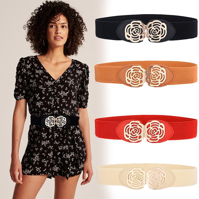 

Belts Girdle Ladies Sweet INS European And American Style Elastic Canvas Belt Girls Double Button Dress, White