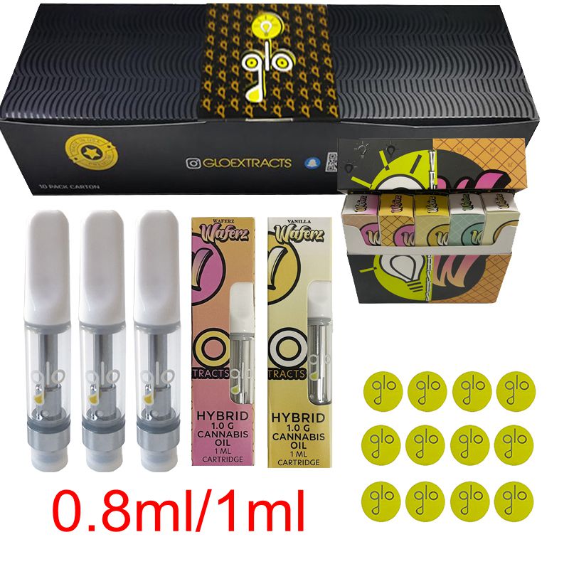 

0.8ml 1ml Waferz&Glo Vape Atomizer Cartridge Packaging Ceramic 10 Strains Glass Thick Oil Empty Tank Carts 510 Thread Dab Wax Pen Vaporizer