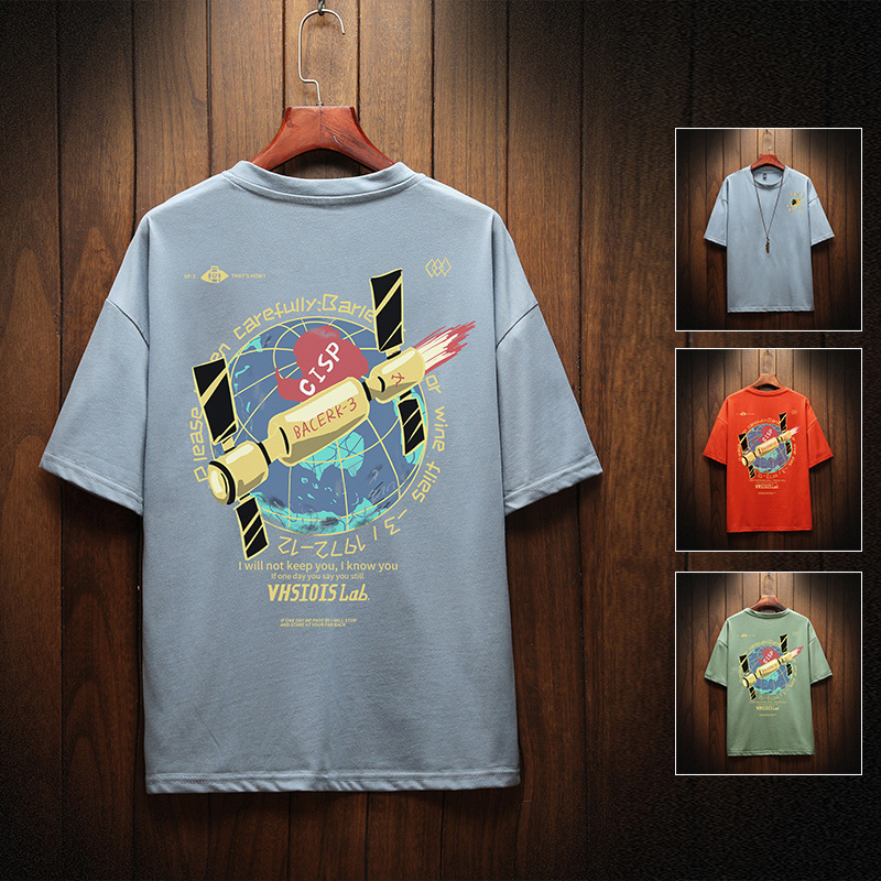 

2021 New Men's Rocket Printed Short Sleeve Shirts Summer Casual Cotton Hip Hopo Tops t Fashion Streetwear Tshirts Gx47, Black