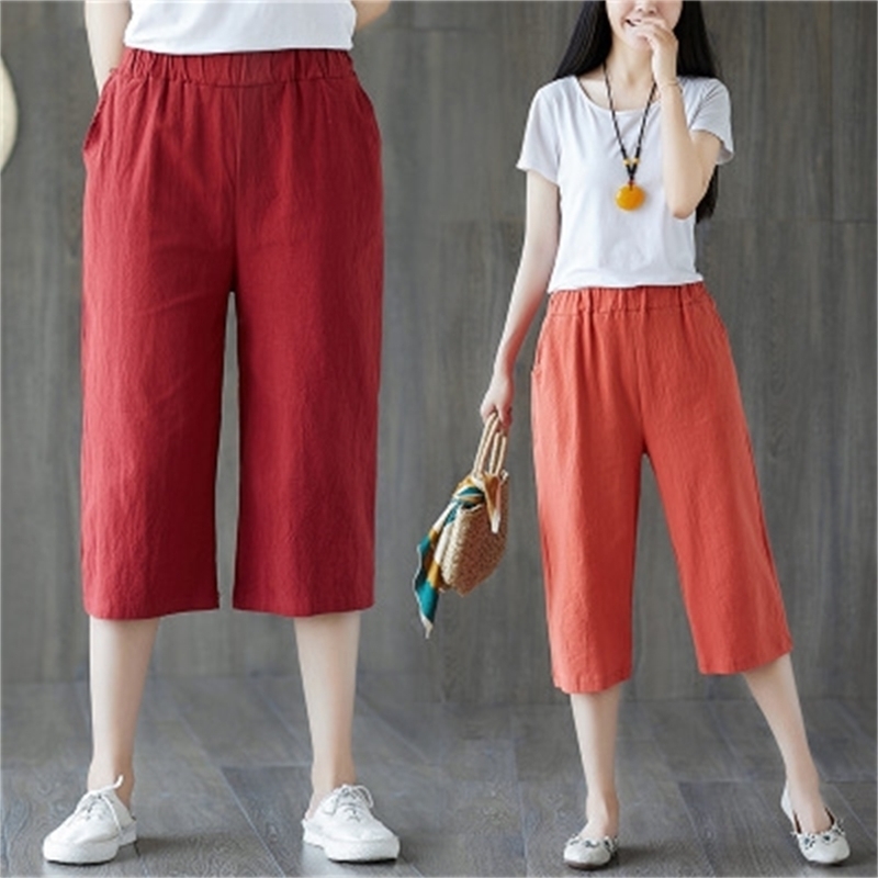 

Summer Casual Loose Wide Leg Pants Female High Waist Black Cropped Trousers Women Elastici with Pocket PLus Size 210604