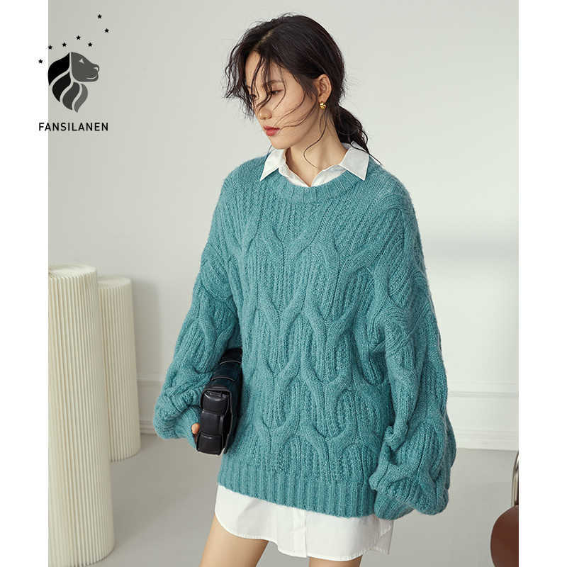 

FANSILANEN Lantern sleeve twist oversized knitted sweater Women blue autumn winter casual pullover Female vintage jumper top 210607