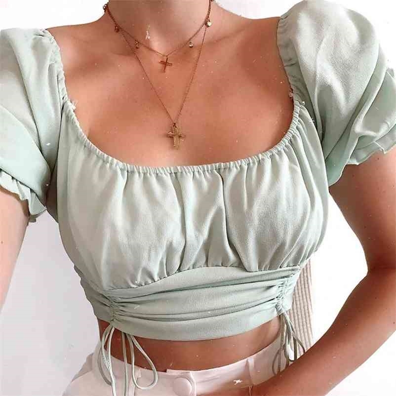 

Women Mint Green Drawstring Open Navel Chiffon Shirt Square Collar Short Sleeve Fashion Spring Summer 11B104 210525