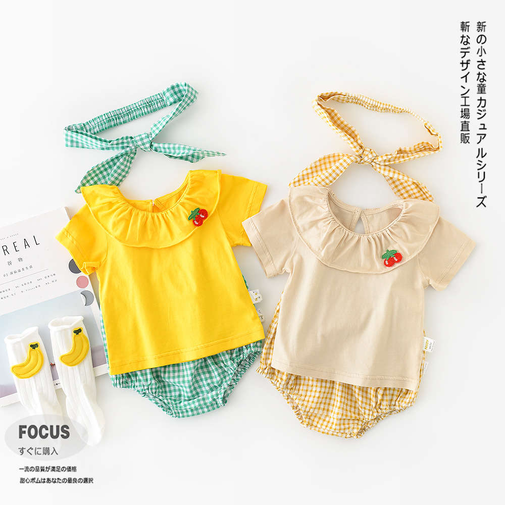 

Summer children's suit Korean baby girls wear short sleeve two piece hair belt, White