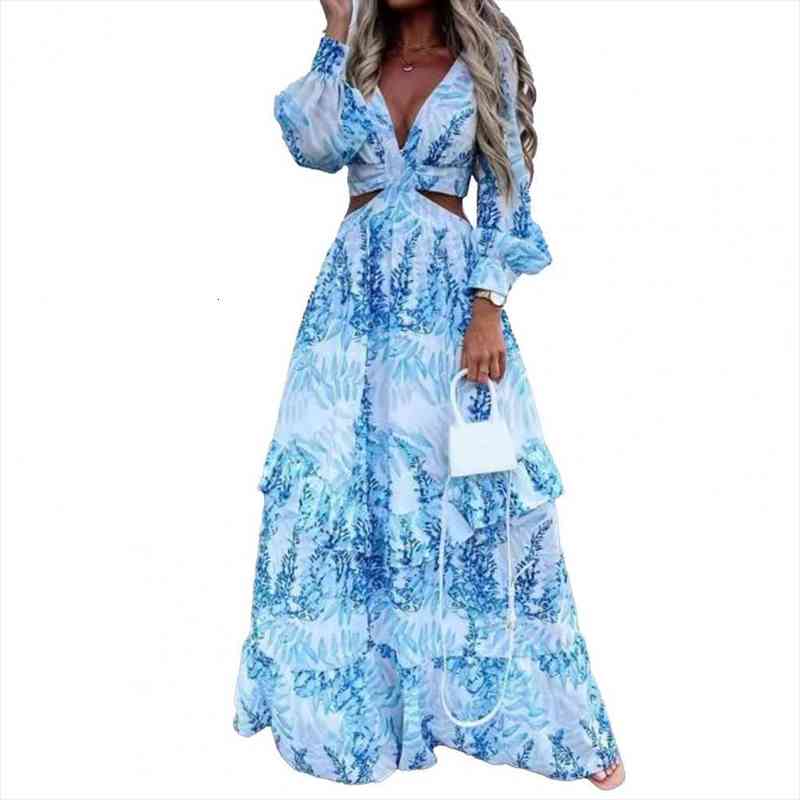 

women dresses summer dress bohemian maxi dress long sleeve large hem deep v neck floral leaf print beach wear, Black;gray