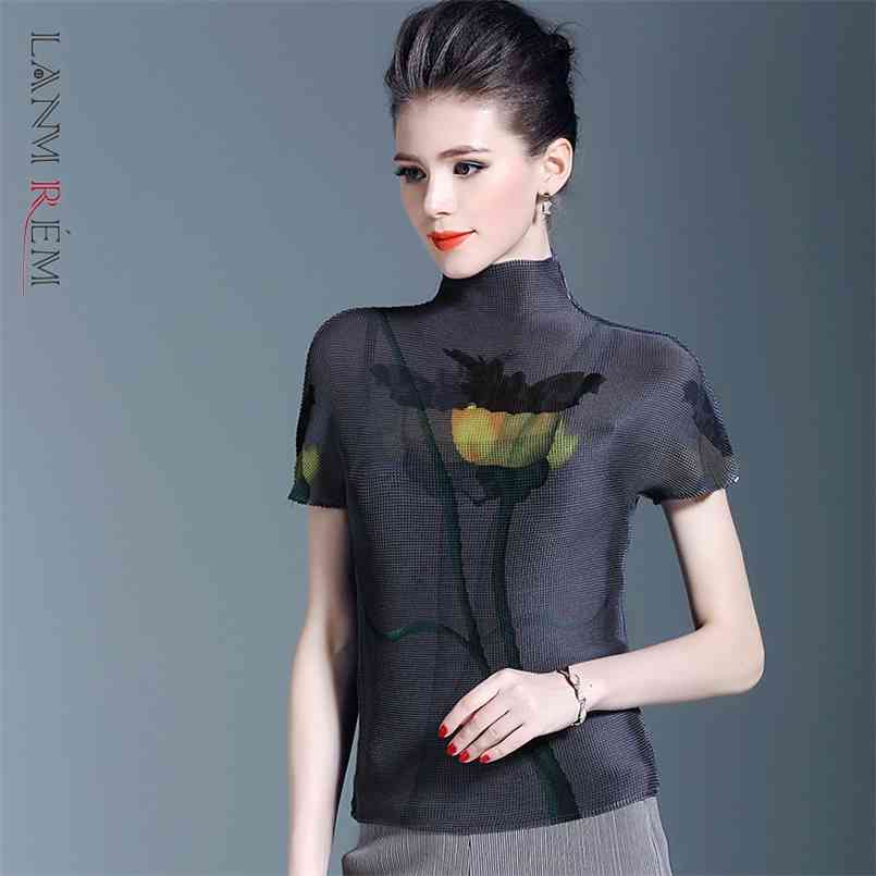 

LANMREM / Japan Fashion printting pleated t-shirt for women summer elastic high collar short sleeve Tee stretch YJ165 210708, Gray
