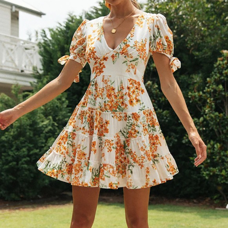 

2021 New Floral Print Boho Beach Women Casual Short Sleeve Ruffle Party Fashion Female Sexy v Neck a Line Mini Vestidos 202 Lcrq, As picture