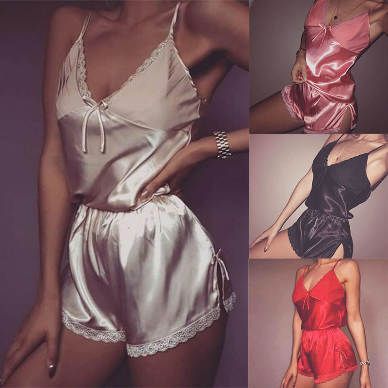 

Women Sexy Sleepwear V Neck Vest Shorts Sets Ladies 2pcs Nightwear Bow Lace Pajamas Female Sexy Lingerie Underwear Nightdress 050721, #3
