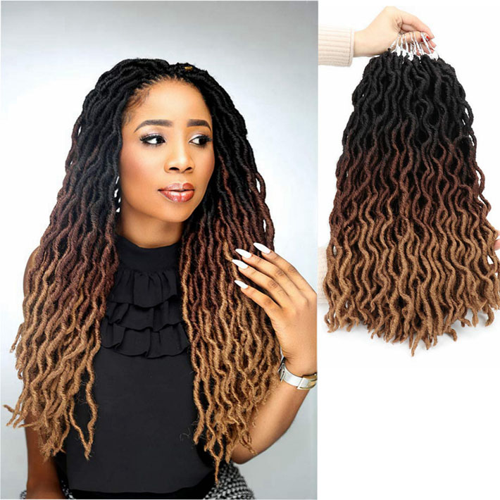 

Synthetic Gypsy Locs Crochet Braiding Ombre Curly 18inch 24 Strands Goddess Faux Locs Crochet Braids Extensions Soft Dreads DreadLocks Hair, #1b