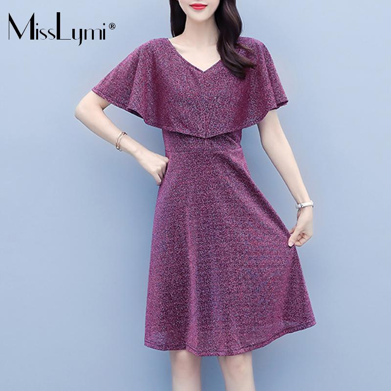 

Plus Size Dresses L-5XL Purple Elegant Dress Women Summer 2021 Fashion V-neck Cloak Sleeves Bright Silk High Waist A-line Female, Black