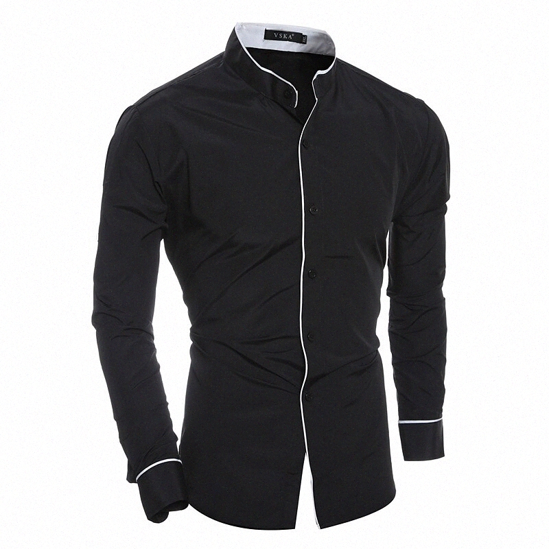 Chemise Hommes Bouton de couleur Solide Collier Travail quotidien Travaux à manches longues Busique Basic Basic Black Gris F9zi #
