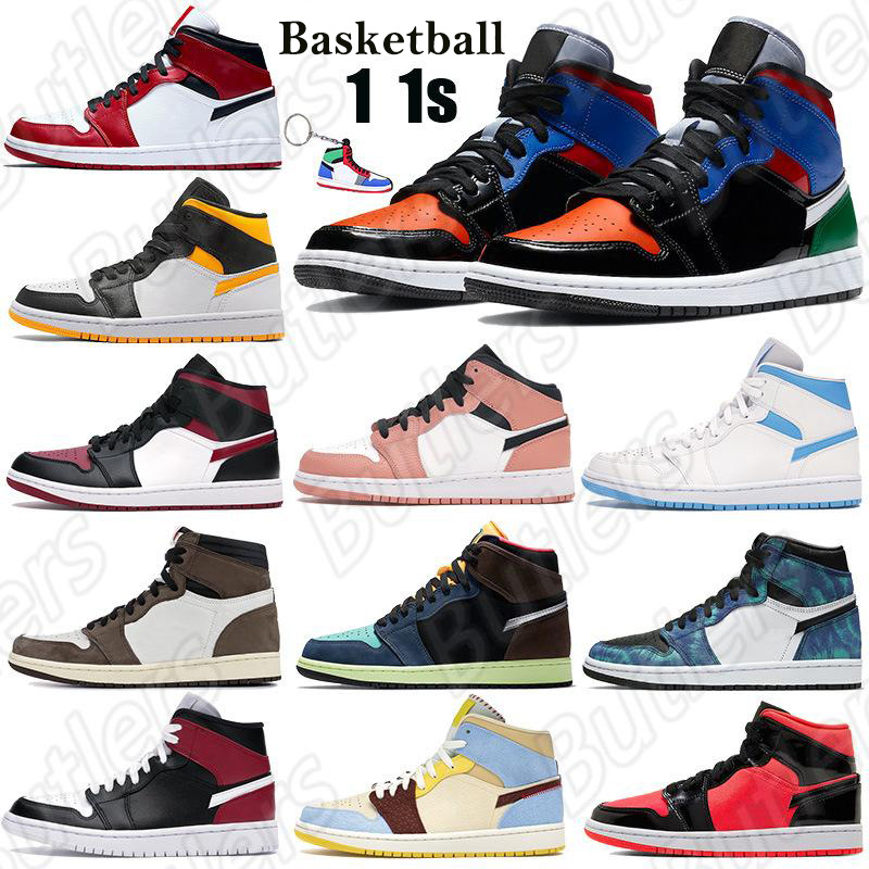 

New 1 1s Mid High Basketball Shoes mid multi patent pink quartz chicago 2020 Men Women Sneakers fearless blue the great Trainers Keychain, 29.black noble red