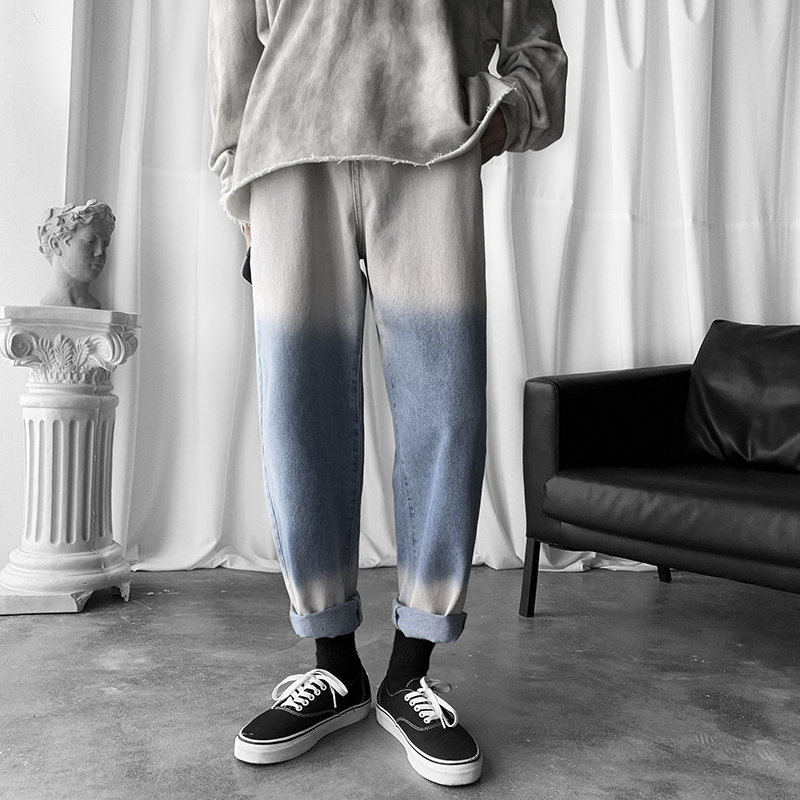 

2021 New Men's Baggy Homme Cargo Pocket Wash Jeans Blue Casual Pants Gradual Change Color Loose Biker Denim Trousers Plus Size M-2xl Ux3b