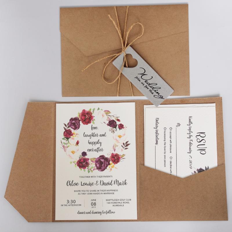 

Greeting Cards Vintage Pocket Wedding Invitations, Rustic Invitation Customized Invited, With Kraft Paper Envelope - Set Of 50
