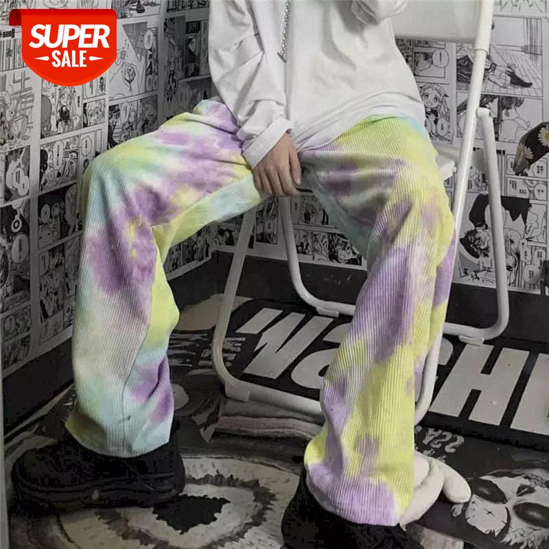 

New Autumn Spring Harajuku Corduroy Pants Women Tie-Dye Straight Trousers Wide-Leg Pants Ins Style High Waist Loose Clothing #XD79, Black;white