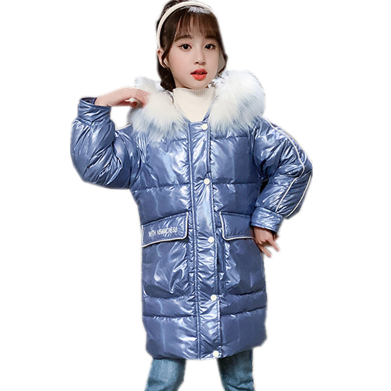 

2021 Girls Winter Jacket New Fashion Brand Thick Coat Children Clothes Parka Big with Cotton Hood Outerwear 4-13y Sr06, Blue;gray