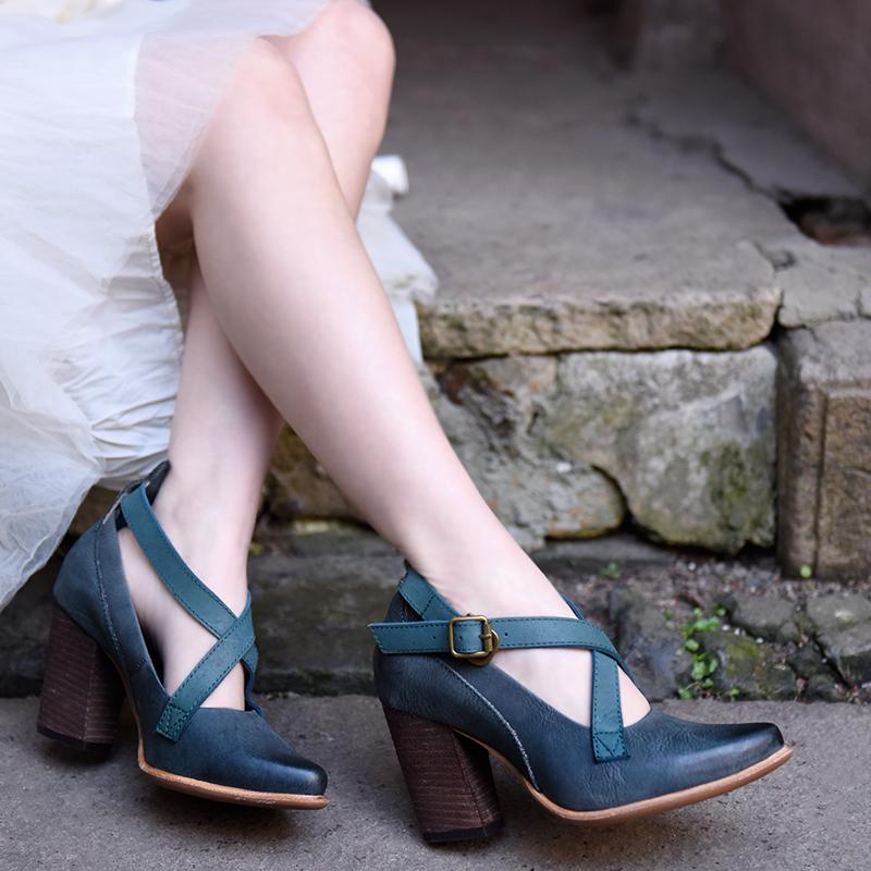 

Dress Shoes Artmu Original Fashion High Heel Women's Thick Pointed Toe Genuine Leather Pumps Cross Buckle Single Style, Blue