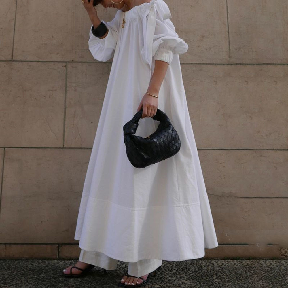 Casual Dresses Off Shoulder Dress Long-sleeved Maxi Length Ladies Fashion A-line Dressing Pullover Plain Style White Color Vestidos D32R-image-725352763