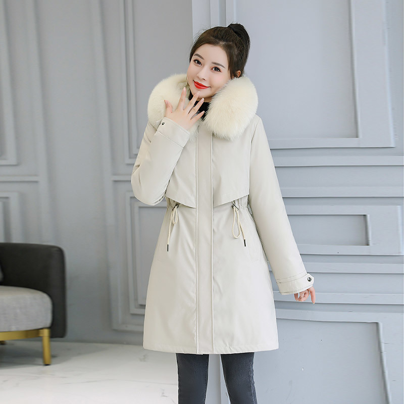 

2021 New Korean Style Parkas Hooded with Fur Women's Long Winter Jacket Solid Wool Liner Slim Plus Size Coat Casual Outwear Melx, Black