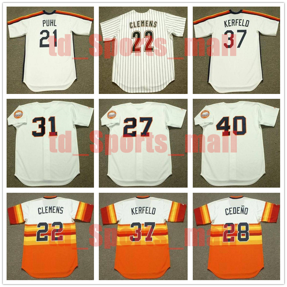 

Houston Vintage Baseball Jersey 21 TERRY PUHL KNIGHT 1984 ROGER CLEMENS 27 BOB WATSON 1960's 28 CESAR CEDENO 1970 31 DON LARSEN 1965 37, Blue;black