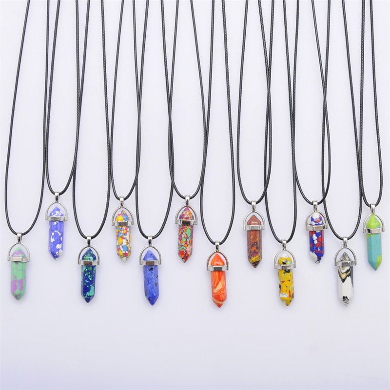 

Luxury Natural quartz stone Necklaces crystal Hexagonal prism Bullet Point Pendant with Leather Rope chains For women Men Jewelry 2958 Q2