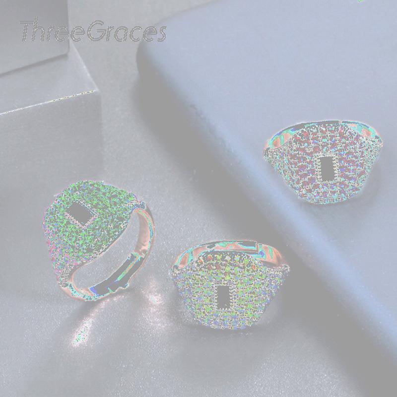 

Cluster Rings ThreeGraces Square Pink Green Blue Micro Pave Cubic Zircon Rose Gold Adjustable Finger Ring Ladies Party Jewelry RG125, Golden;silver