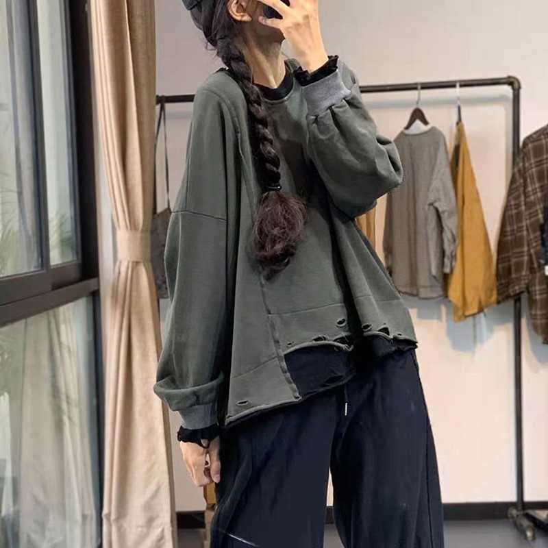 

Arrival Spring/autumn Women Loose Casual Long Sleeve Patchwork T Shirt Fashion O-neck Cotton Hole Design T-shirt W62 210608, Green