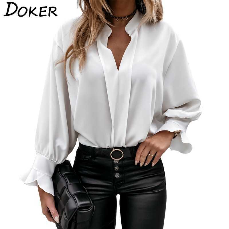 

Autumn White Blouse Women Fashion V-neck Ruffle Long Sleeve Elegant Office Ladies Shirts Plus Size Casual Tops And Blouses Femme 210603, Black