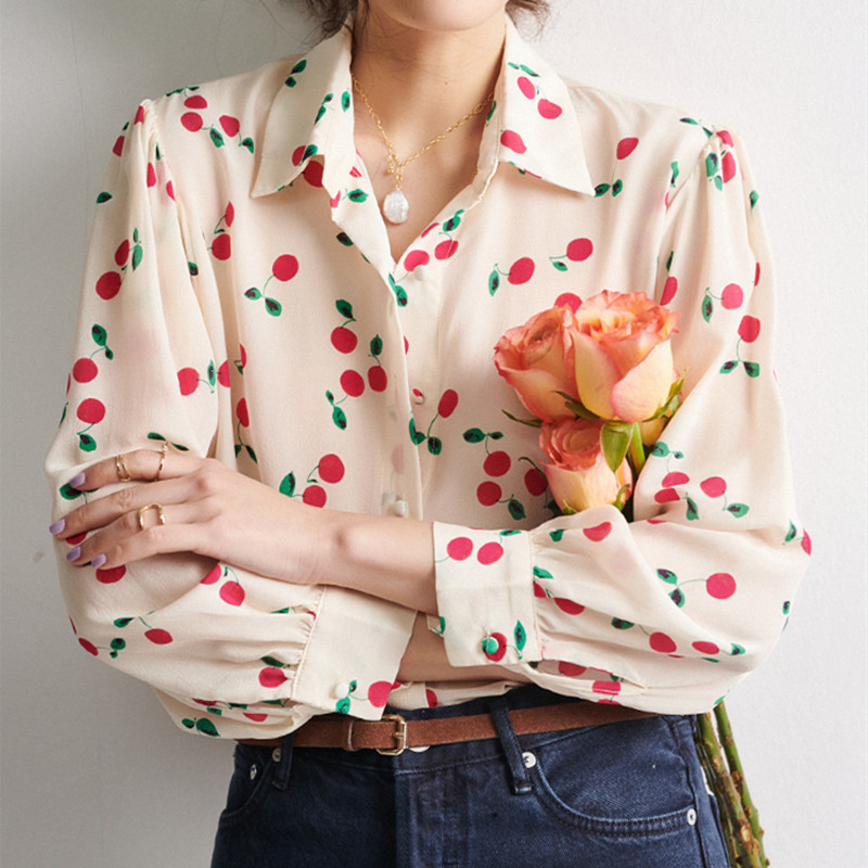 

2021 New Nova Cereja Impresso Feminina Blusa Senhoras Turn Down Collar Manga Longa Camisa e Topo De Nico Breasted 0oar, Black