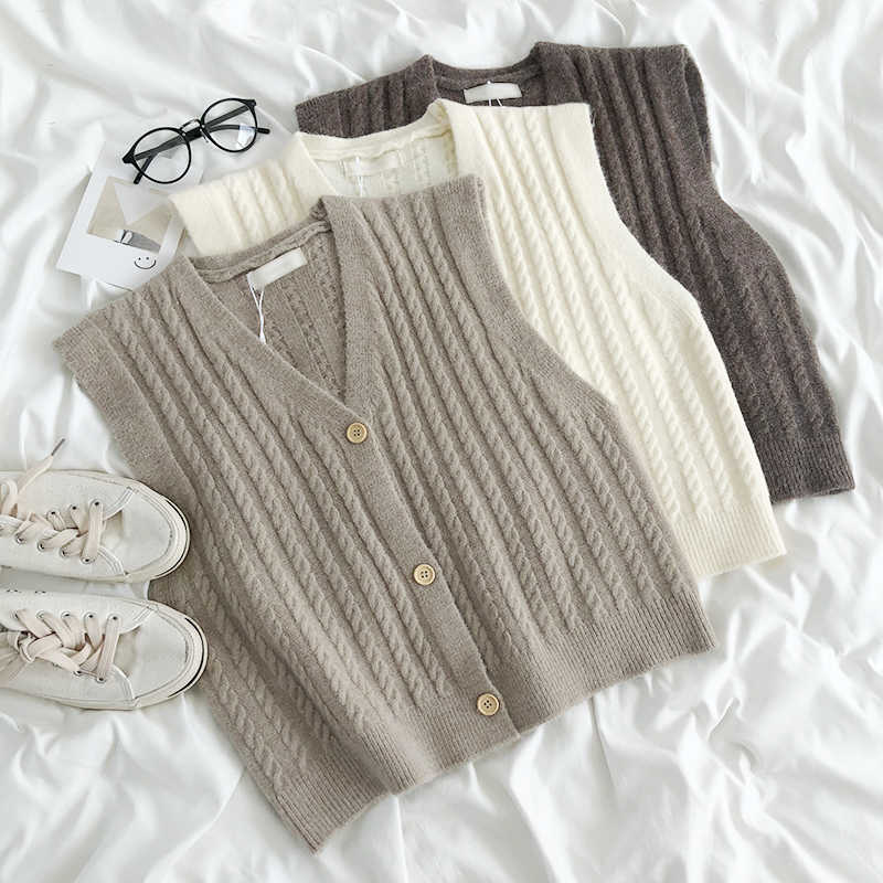 

Women V Neck Button Up Sweater Vest Spring Autumn Sleeveless Casual Short Cardigan Woman Solid Korean Tops 210602, Dark brown