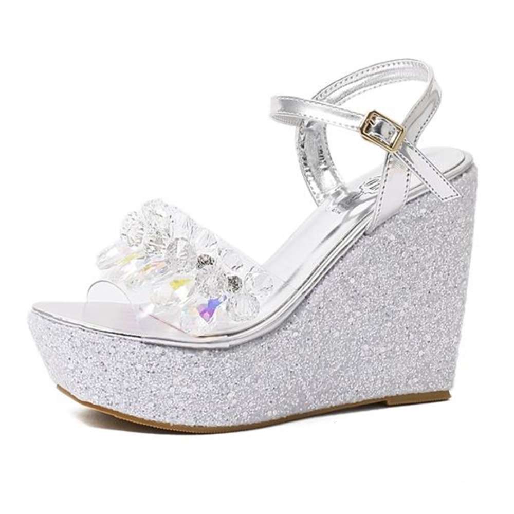 

Glitter crystal shoes bridal wedding shoes platform wedge sandals silver gold pink white size 34 to 40, Black
