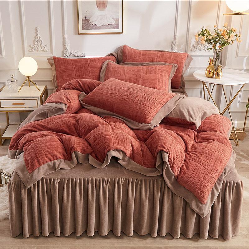 

Bedding Sets Modern Solid Color Velvet Carved Comforter Duvet Cover Set Soft Bedskirt With 2 Pillowcases Queen King Size Warm, Blue