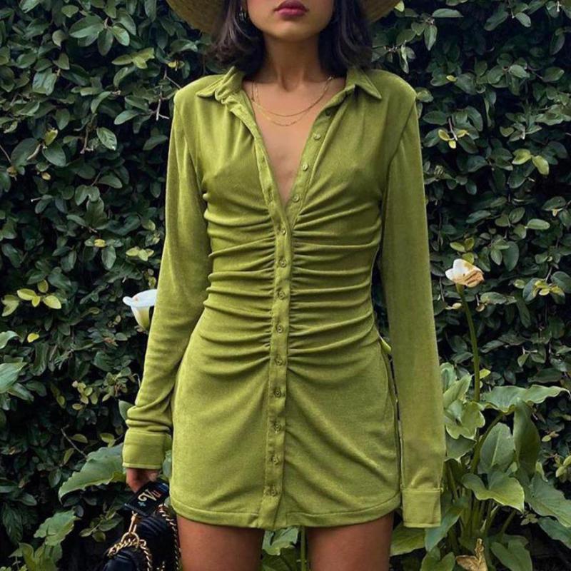 

Long Sleeve Button Up Velvet Mini Shirt Dress For Women Fall 2021 Clothing Lapel Ruched Bodycon Green Elegant Autumn Streetwear Q1229, Black;gray