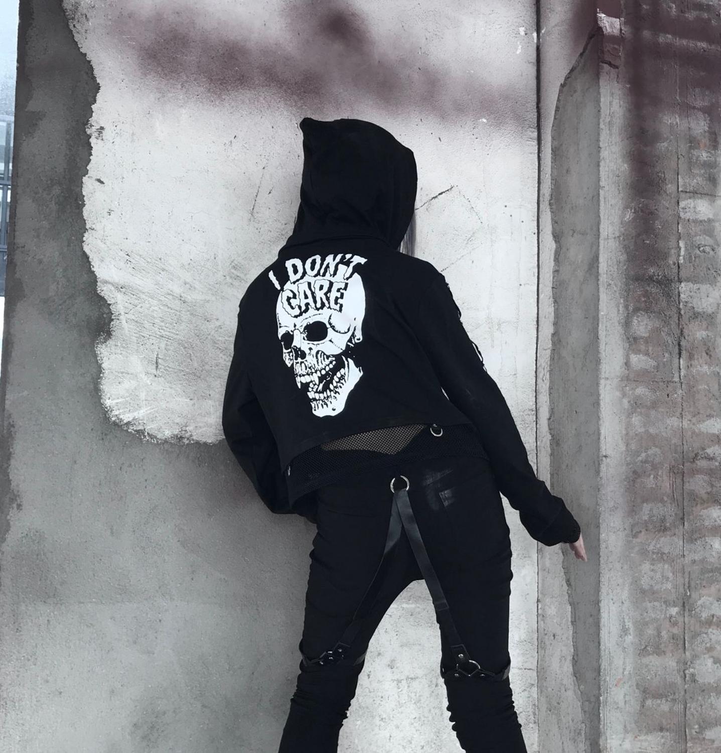 

Women Long Sleeve Double-sided Letter Skull Print Splice Mesh Hollow Out Hooded Tops Goth Punk Dark Loose Hoodeis, White