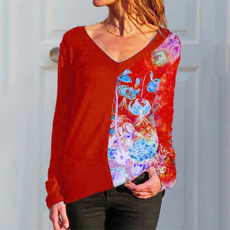 

Women' T-Shirt 40# Floral Print T-shirts Women V Neck Long Sleeve Elegant Loose Tshirt Female Harajuku Patchwork Pullover Tee Shirt, Rd
