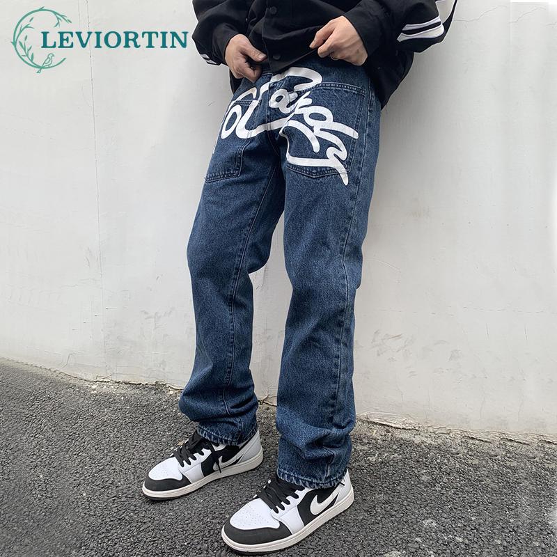 

Men's Jeans High Street Letter Print Straight Loose Mens Retro Oversize Casual Denim Trousers Harajuku Washed Hip Hop Jean Pants, Blue