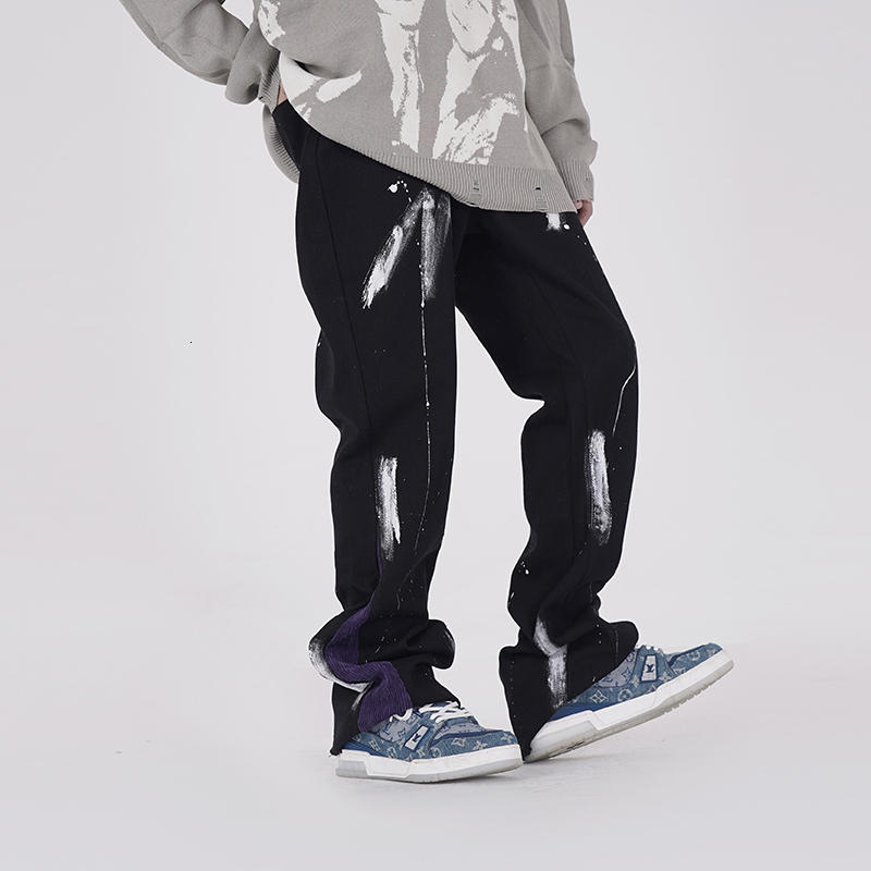 

2021 New High Street Painted Straight Washed Jeans Pants Men and Women Oversize Wide Leg Loose Pockets Casual Denim Trousers C5zk, Black