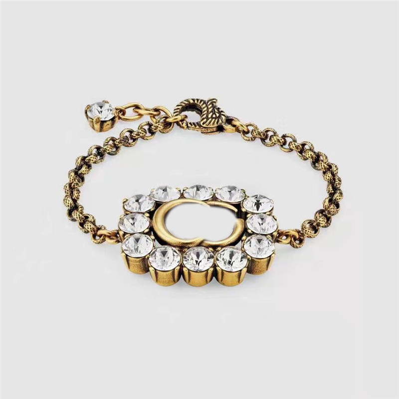 

Diamond Letter Chain Bracelet Designer Crystal Bracelets Girl Rhinestone Bracelet Retro Gold Charm Bracelets For Ladies Gift