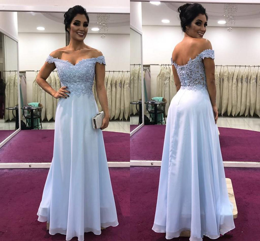 

Off Shoulder Lace Prom Dresses 2021 with Beaded Appliques Floor Length Chiffon Formal Evening Party Gowns, Same as picture