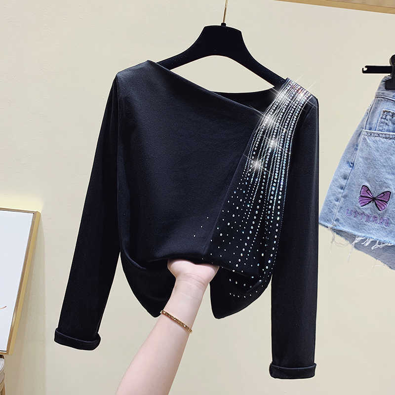 

Korean Style Women T-Shirt Plus Size Cotton Long Sleeve drilling Tshirt Tops Autumn Winter One Neck T Shirt Femme Clothing 210604, Black