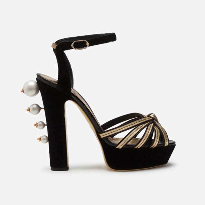 

Sexy lady Casual fashion designer Pumps women sandals black suede real leather strappy studded pearls platform high heels shoes, With perals