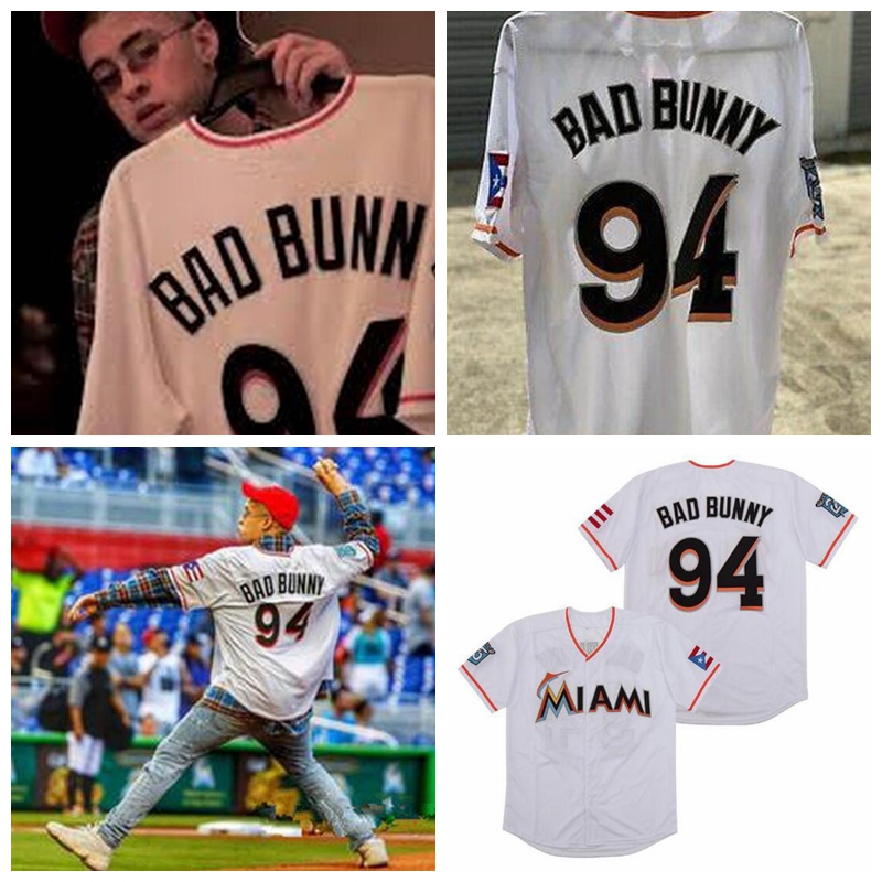 

Men Maimi Bad Bunny Baseball Jersey White With Puerto Rico Flag Full Stitched Shirt Size S-3XL Top Quality