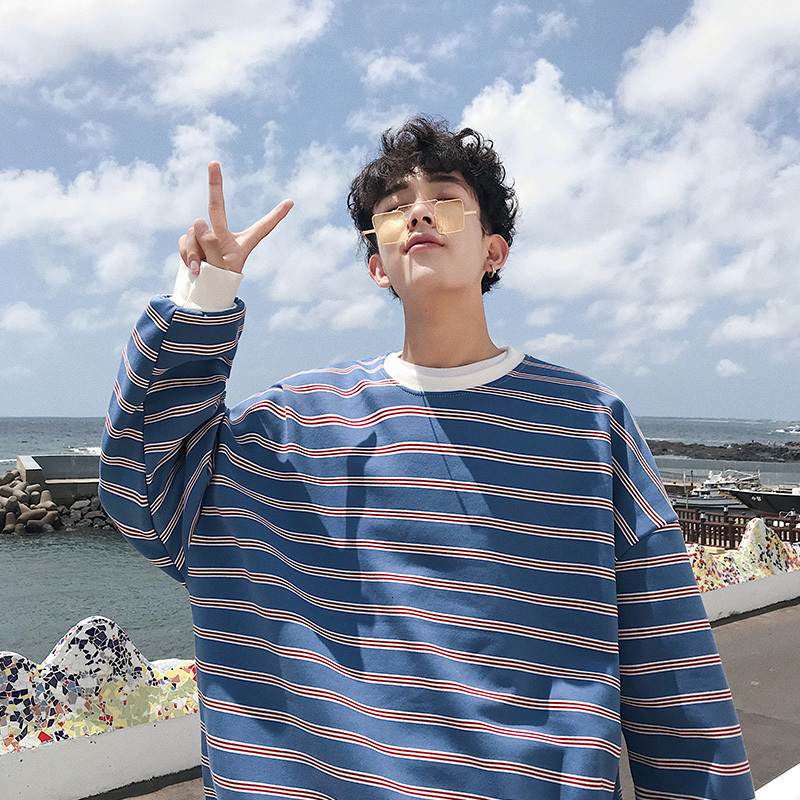 

2021 New Men's Casual Stripe Printing Round Neck Long Sleeves Hoodies Cotton Clothes Youth Loose Pullover Sweatshirts Size S-2xl Uz4l, Brown