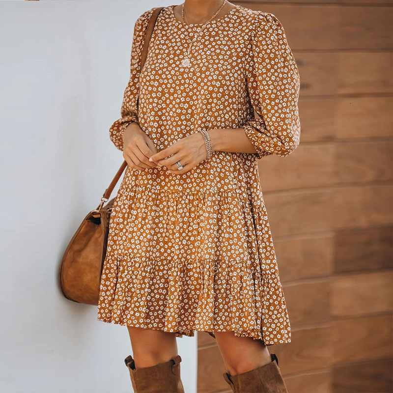 

2021 New Women Spring Floral Print Pleated Casual Long Sleeve a Line Female Autumn Ruffle Hem Midi Party Home Vestidos Y4fg, As picture