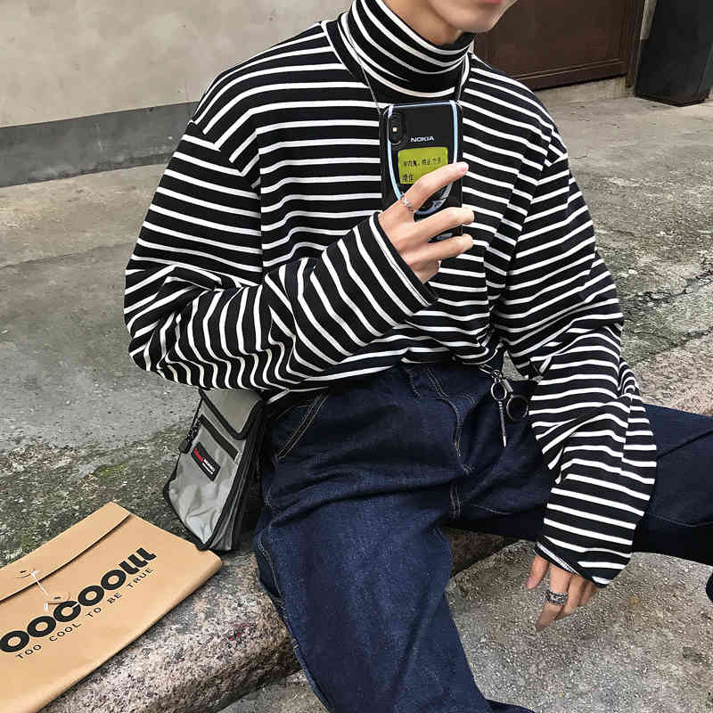 

men's hoodies & sweatshirts autumn long sleeve striped high collar t korean-style shirt kpop couple's clothes fashion streetwear m, Black