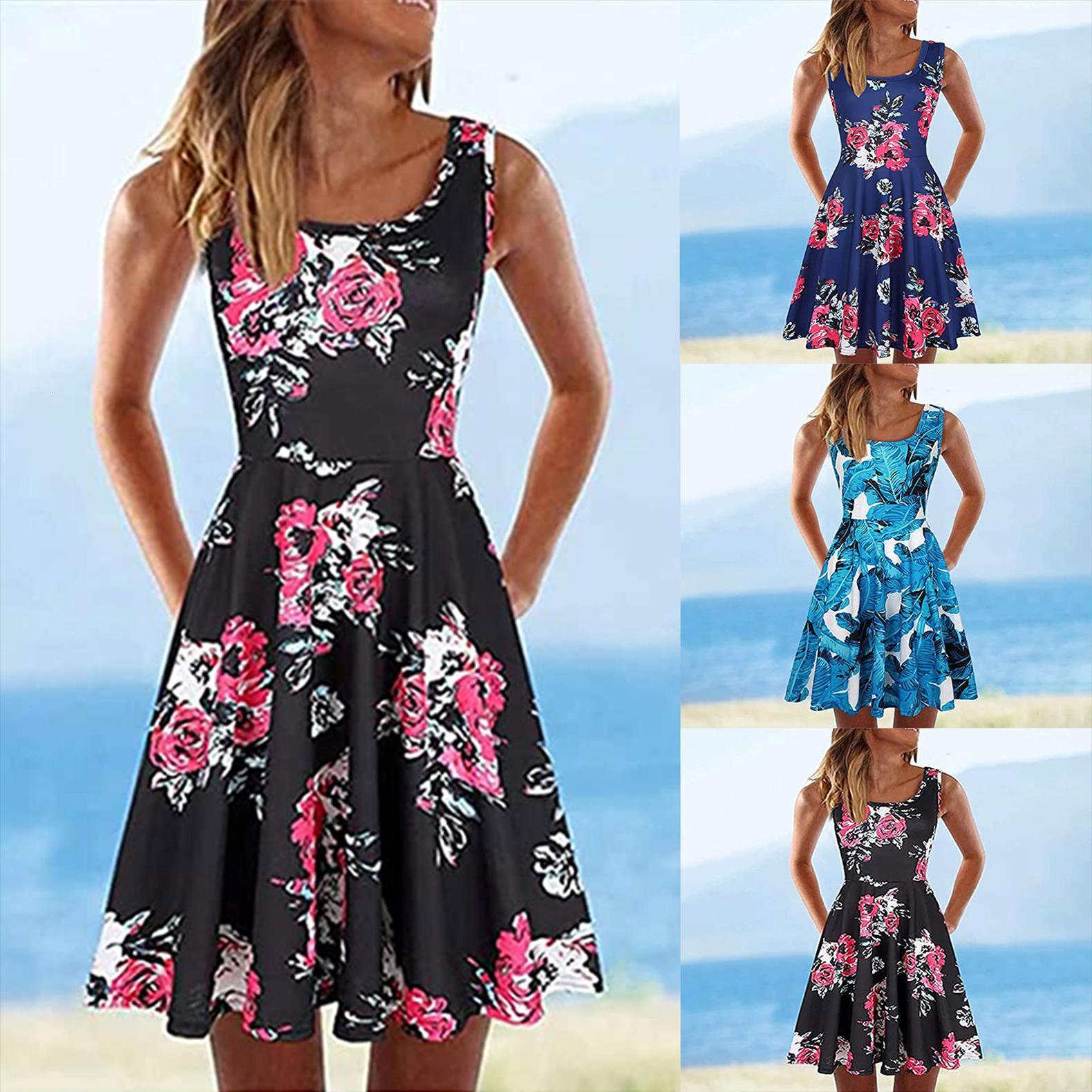

sleeveless floral printed loose women dresses square collar summer asymmetrical pattern beach knee length dress, Black;gray
