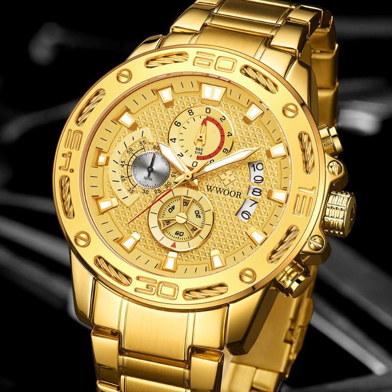 

Wristwatches 2021 WWOOR Luxury Mens Watches Top Brand Fashion Gold Full Steel Quartz Watch Men Waterproof Sport Chronograph Relogio Masculin, 8868-black