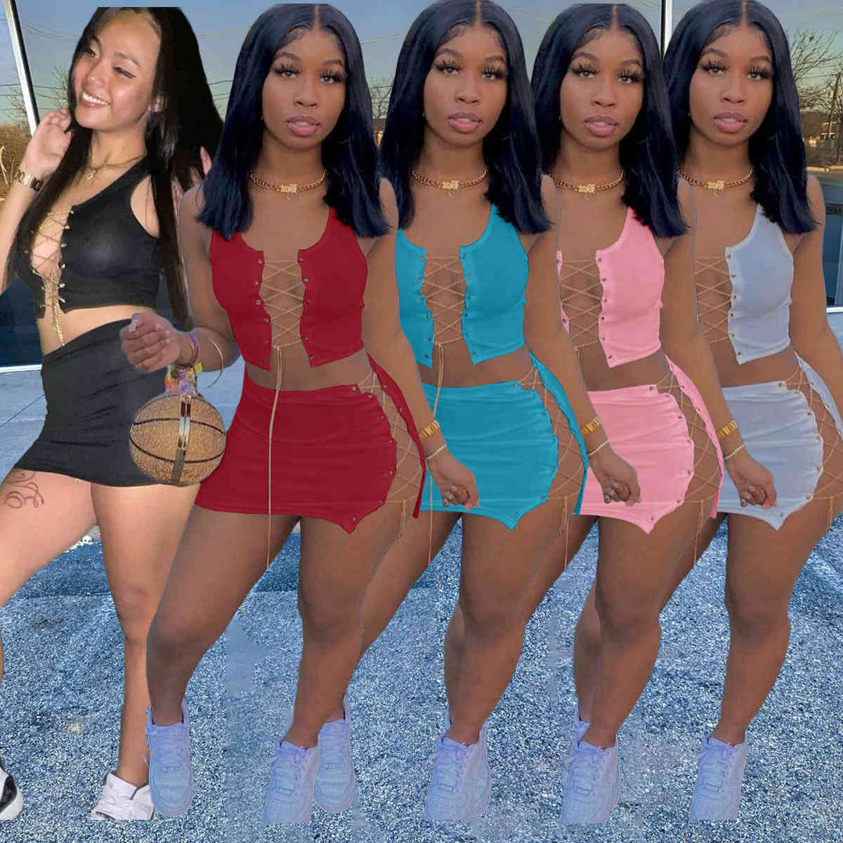 

Women 2 Pieces Dress Sexy Hollow Out Chain Top Strap Open Navel Vest T-shirt Short Skirt Two Set 836, White