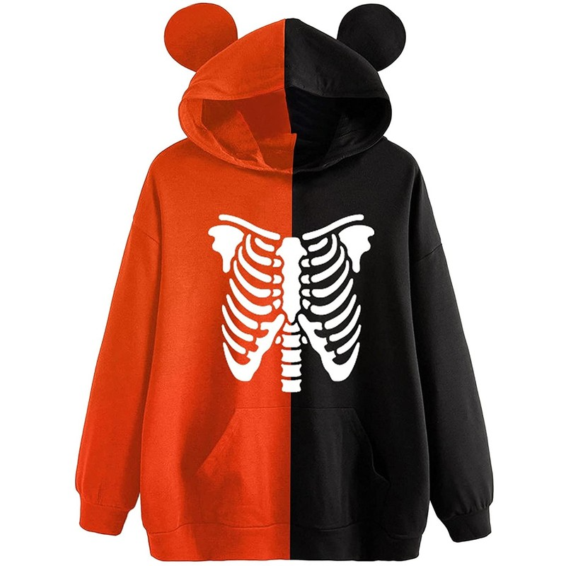 

Black Women's Cute Ears Hoodie Halloween Pattern Sweatshirt Color Block Orange and Black Patchwork Sweatshirt Long Sleeve Pumpkin Skull Print Pullover