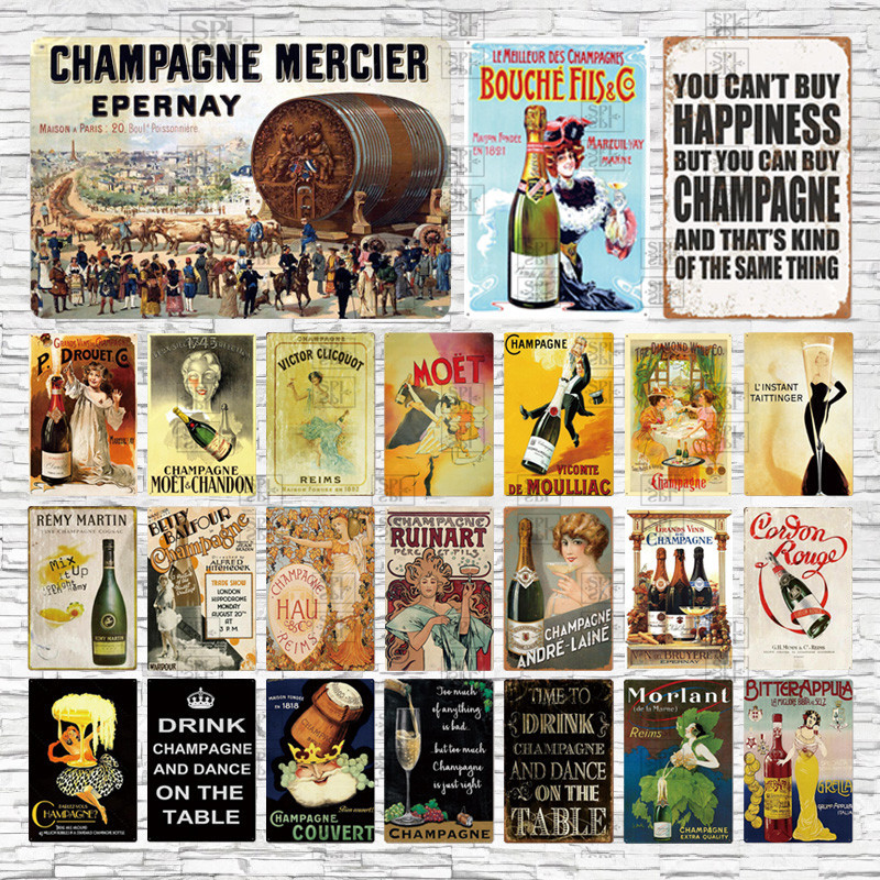 

Champagne Metal Sign Plaque Retro Beauty Bar Drink Wine Bottle Tin Sign Metal Plate Wall Art Decoration Club Decoration Board Q0308